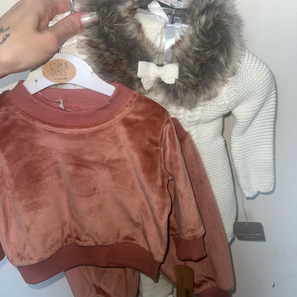Liam & James Pink Velvet Baby Outfit and Cream Dress Bundle (0-3 months)